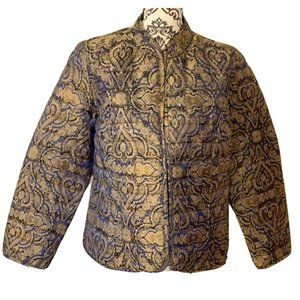 Chico's Sz 1 M 8/10 Reversible Quilted Open Front Jacket Blue Gold Black Asian